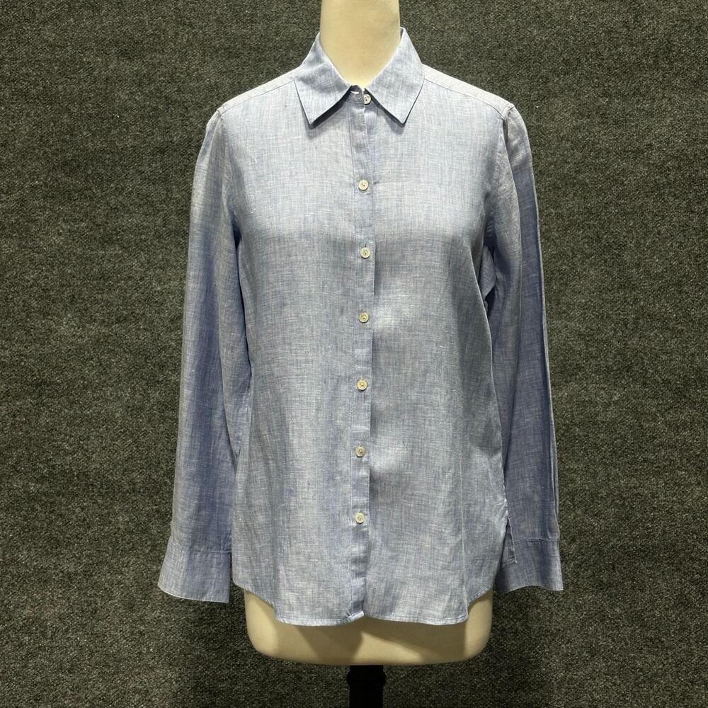 Foxcroft NYC Shirt Womens 6 Blue Linen Button Front Non Iron Top Long Sleeve